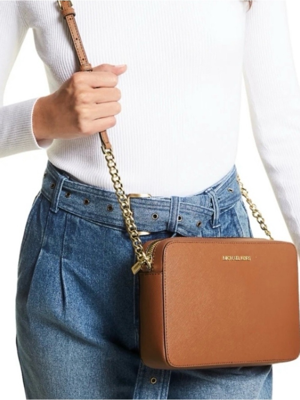 Michael Kors Tan Saffiano Leather Crossbody with Gold Chain